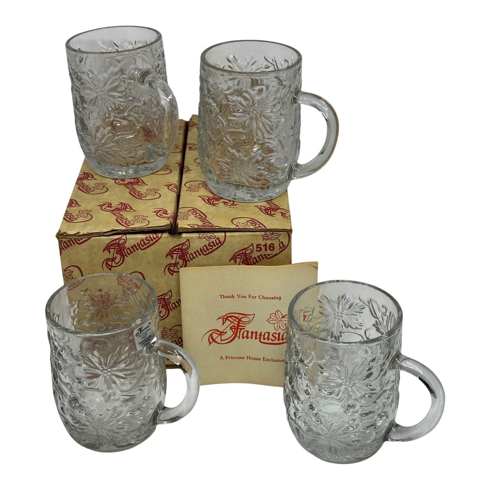 VTG Princess House Fantasia Mug Clear Glass Floral Poinsettia Set of 4 with Box
